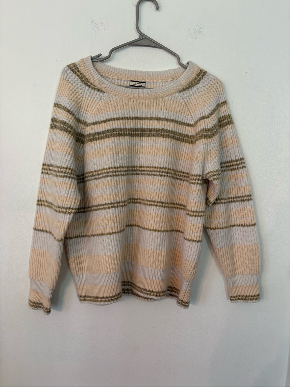 J. Crew Striped Crewneck Sweater in Cream, Beige & Olive. 100% Cashmere
